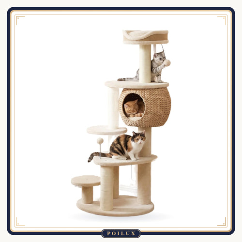 Arbre à chat 132 cm 4 niveaux avec niche tressée et griffoirs en sisal, sur fond blanc