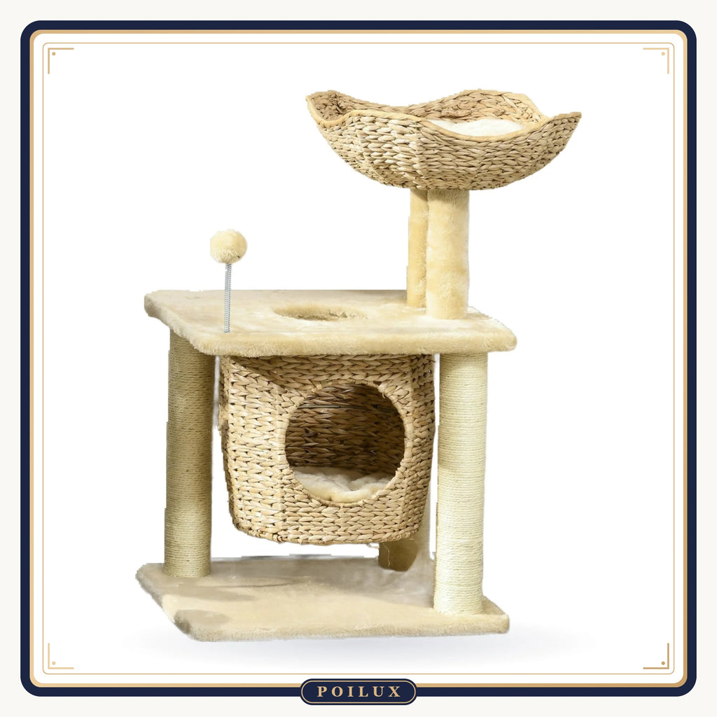Arbre à chat 74 cm avec niche tressée, panier et griffoirs en sisal, sur fond blanc