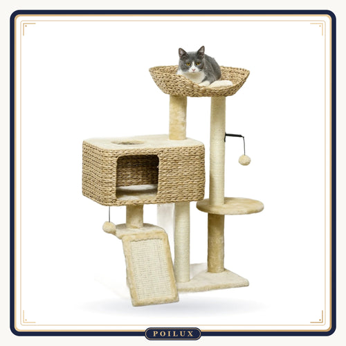 Arbre à chat 98 cm avec niche, panier d'observation et rampe griffoir, sur fond blanc