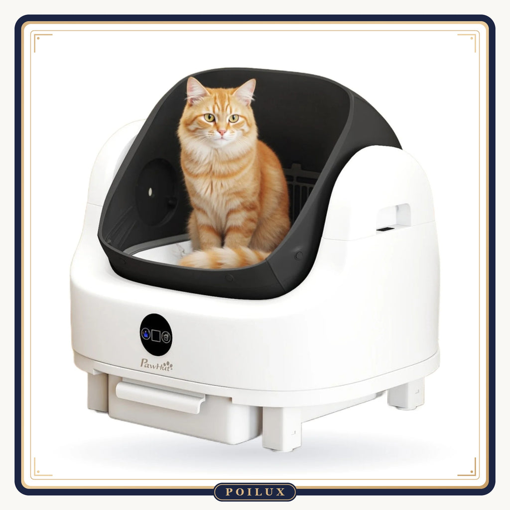 Litière autonettoyante pour chat Le Chat Royal avec chat installé, sur fond blanc