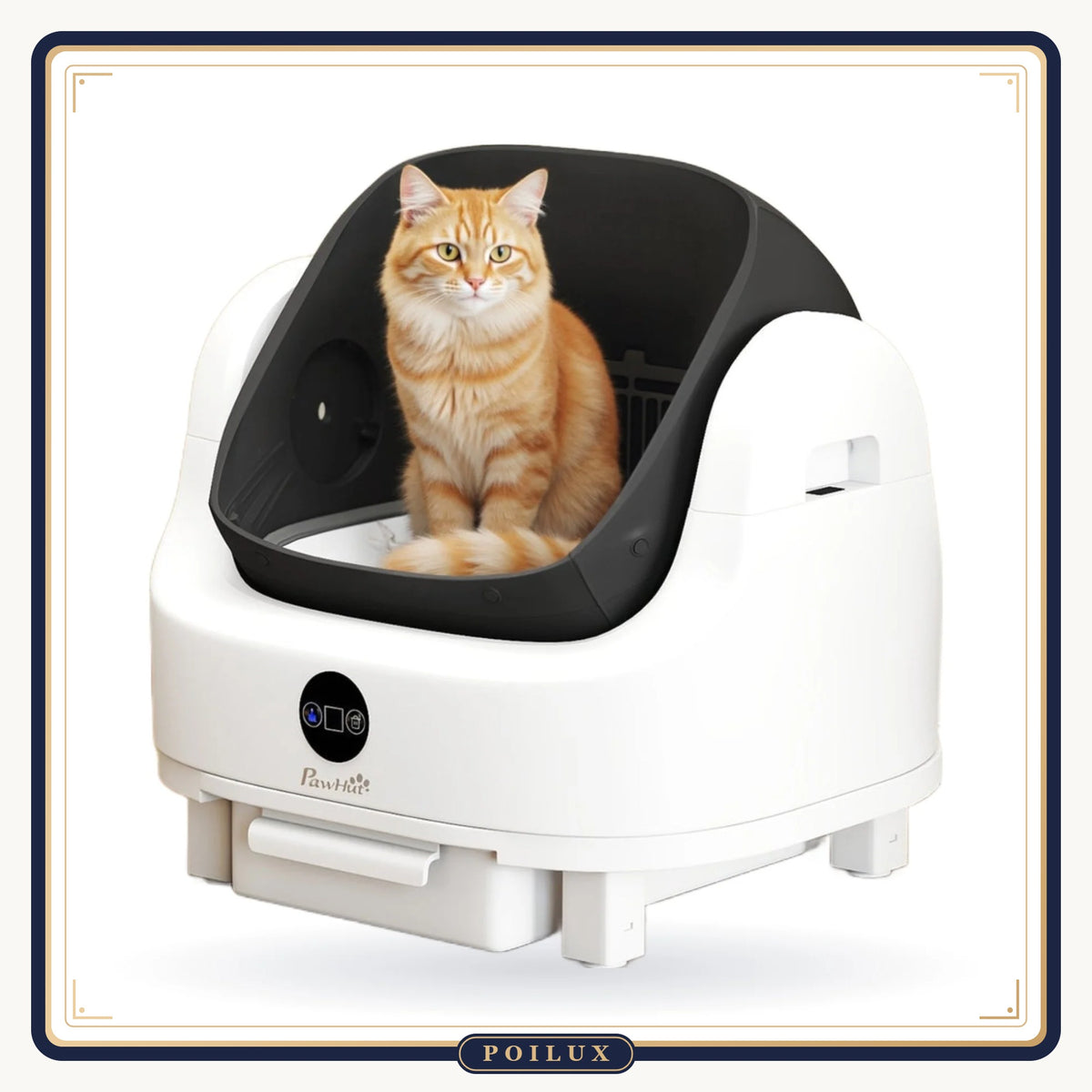 Litière autonettoyante pour chat Le Chat Royal avec chat installé, sur fond blanc