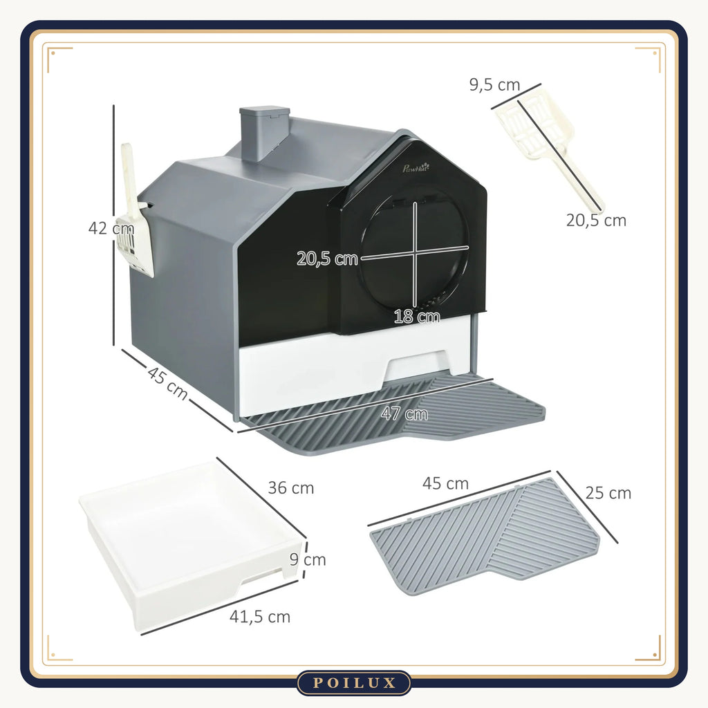 Maison de toilette pour chat design maisonnette avec pelle, filtre et tapis, sur fond blanc