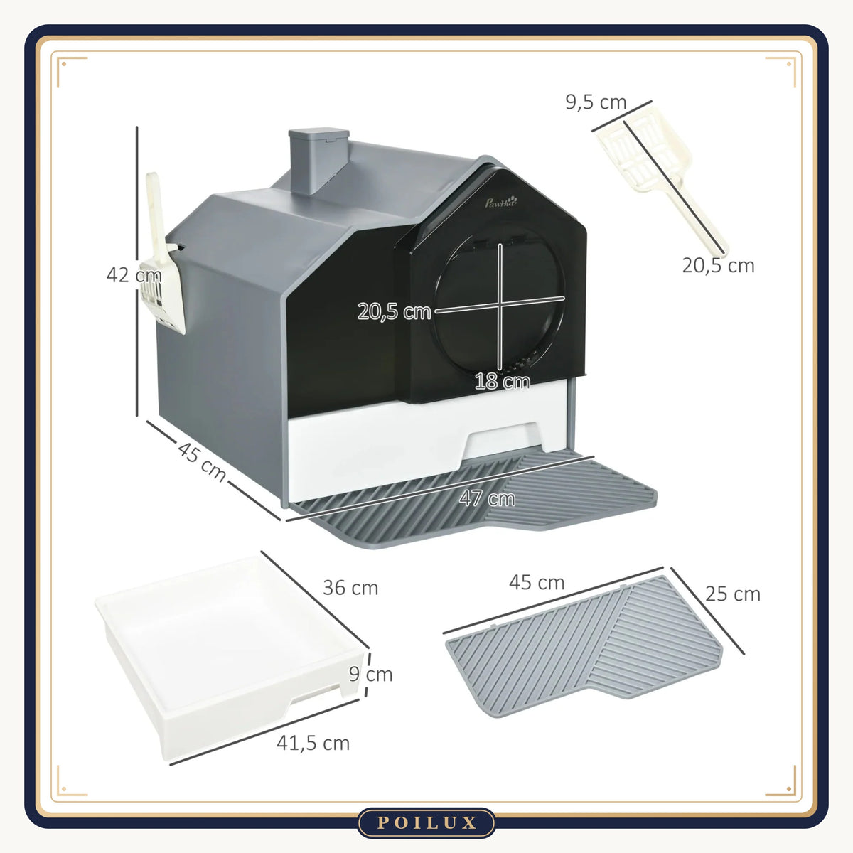 Maison de toilette pour chat design maisonnette avec pelle, filtre et tapis, sur fond blanc