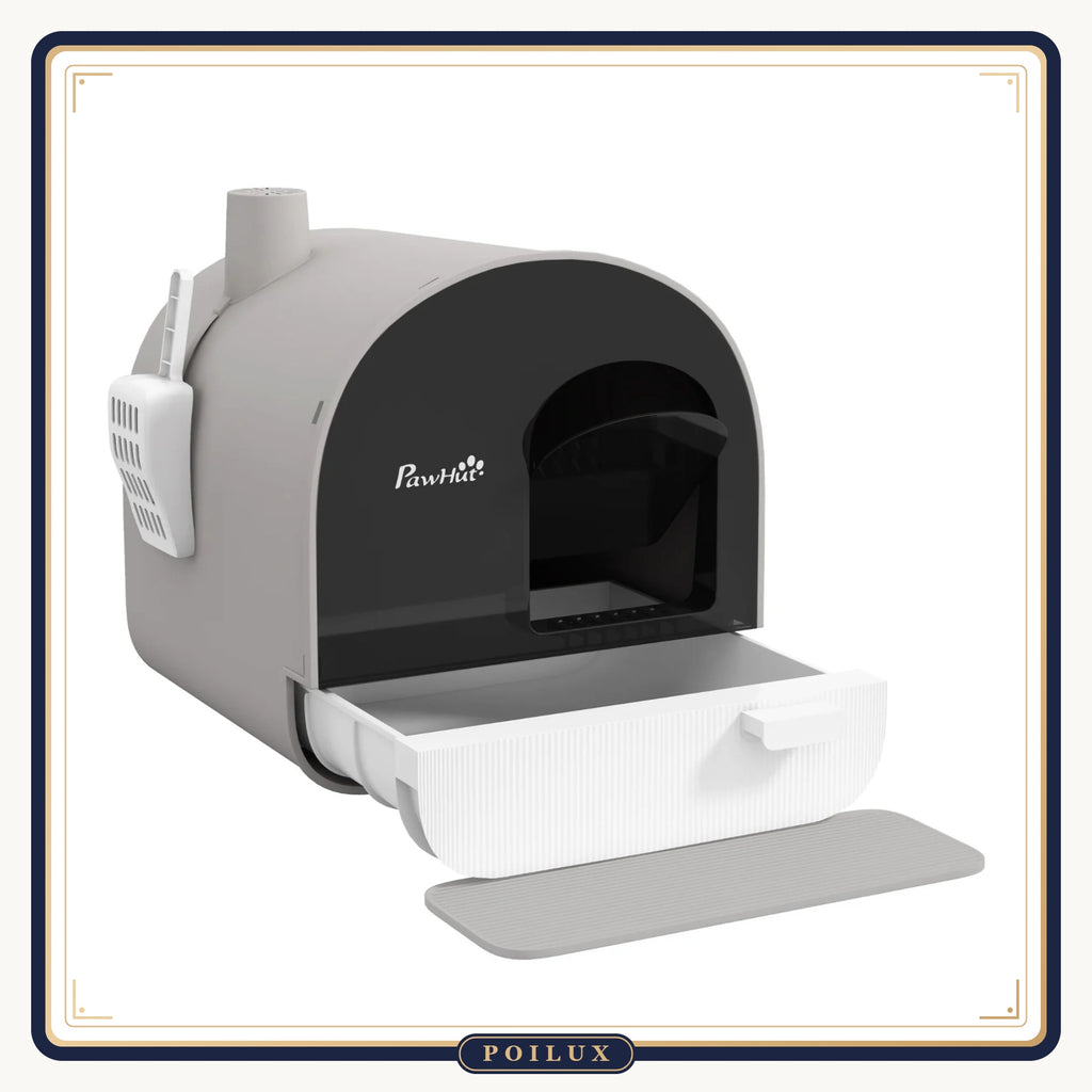 Maison de toilette pour chat avec porte battante, tiroir et pelle, sur fond blanc