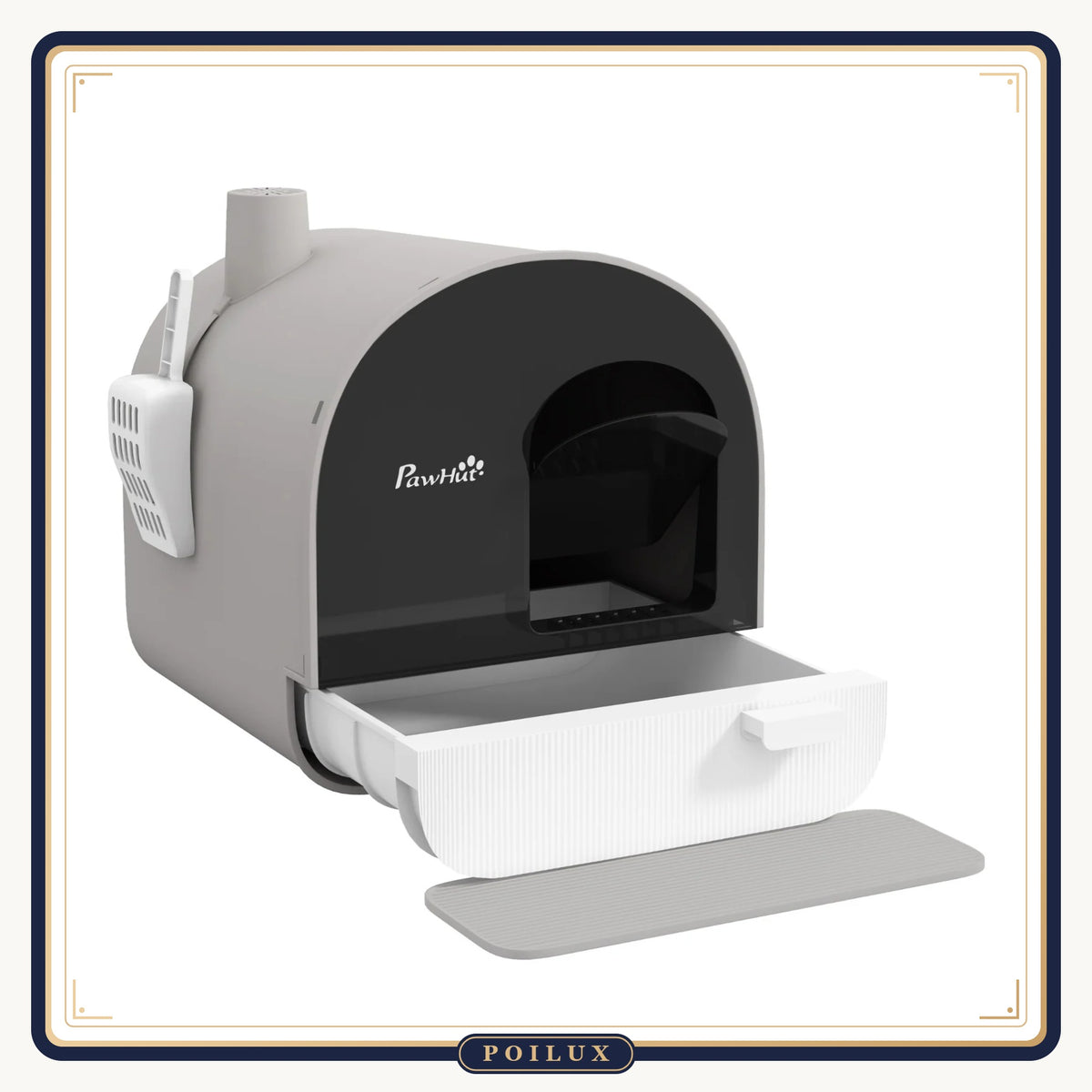 Maison de toilette pour chat avec porte battante, tiroir et pelle, sur fond blanc