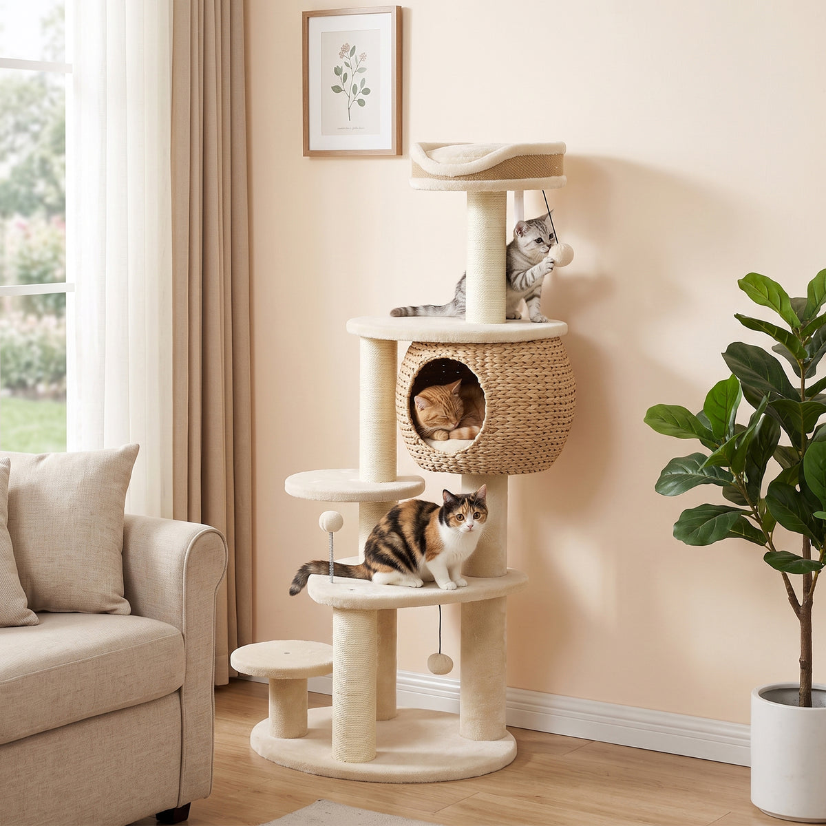Arbre à chat 132 cm beige avec niche tressée dans un salon
